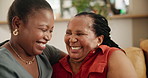 Home, hug and senior mother with daughter on sofa, relaxing and support in a living room. Black family, mama and girl on a couch, love and bonding together with embrace, apartment and happiness