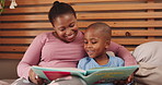 Mom, child and reading book for home education, learning and teaching with storytelling and language development. African family, kid and happy mother with support, helping and literacy or knowledge