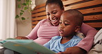 Mother, child and reading book for home education, learning and teaching with storytelling and language development. African family, kid and happy mom with support, helping and literacy or knowledge