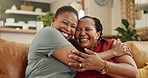 Sofa, hug and face of senior mother with woman for loving relationship, bonding and relax together. Family, home and portrait of African mom with daughter for love, care and embrace in living room