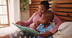 Mother, kid and reading book for home education, learning and teaching in storytelling and language development. African family, mom and child listening for support in literacy, thinking or knowledge