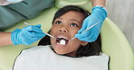 Child, pediatric dentist and checkup of teeth in chair and family friendly examination for tooth health. Girl, dental mirror and consultation by orthodontist with trust and examination for mouth care