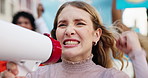 Woman, activist and megaphone to scream for protest for civil or human rights, empowerment and speech for change or peace. Female person, march and microphone for voice for riot, equality and justice