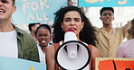 Woman, riot and megaphone to scream for protest for civil or human rights, empowerment and speech for change or peace. Female person, advocate and march with microphone for city, equality and justice