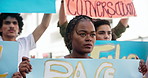 Outdoor, black woman and group with protest, posters and voice with social justice for peace and shouting. People, community and activist with march or banners with warrior or human rights to end war