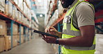 Black man, hands and inventory with tablet for shipping, inspection or research at warehouse. Closeup of African male person or employee with technology for storage data, checklist or supply chain