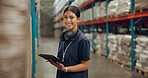 Happy woman, logistics and inventory inspection with tablet for supply chain or quality assurance at warehouse. Portrait of female person with technology for checklist, shipping or storage management