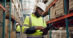 Shipping, warehouse and black man with tablet for inspection, inventory and online stock. Supply chain, distribution and person on digital tech for logistics, maintenance and checklist in factory