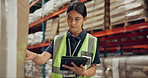 Woman, supply chain and inventory inspection with tablet for logistics, shipping or storage management at warehouse. Female person or depot inspector with technology for stock count or checklist