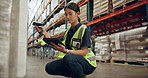 Woman, tablet and box with scanner for pricing, logistics or inventory inspection at warehouse. Female person, employee or depot inspector scanning stock, parcel or package with technology for price