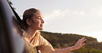 Woman, car window and hand on road trip with wind for travel adventure in nature for summer, journey or holiday. Female person, transportation and happiness in Australia for relax, freedom or calm