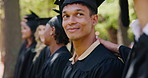 University, students and smile at graduation at ceremony in park at outdoor campus event. Friends, achievement or happy people at college celebration with support, opportunity and congratulations.