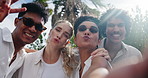 Funny, friends and selfie in summer with fashion or cool memory for post on social media. Crazy, profile picture and people with confidence or pride in trendy clothes, sunglasses and relax on holiday