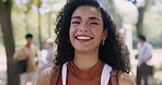 Student, nature and face of woman laughing in outdoor park at university for studying scholarship. Happy, education and portrait of confident female person from Colombia in field at college campus.