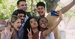 Nature, outdoor and selfie of group of friends to post in social media as profile picture with internet. Happiness, women and men smile for photography with phone in woods for journey in holiday