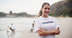 Happy woman, volunteer and beach with confidence for recycling, save the planet or earth in nature. Portrait of female person or cleaner with smile or arms crossed for eco friendly environment or sea