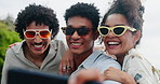 Friends, sunglasses and group selfie with smile for outdoor photography, fashion and social media with emoji face. Excited, gen z or people in cool accessories and profile picture at the park or city