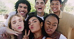 Students, group and selfie with peace sign, face and happy together at university with solidarity at park. Gen z friends, photography and memory with diversity with smile, bonding and social network