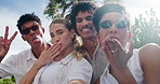 Funny, selfie and friends in summer with fashion or cool memory for post on social media. Crazy, profile picture and people with confidence or pride in trendy clothes, sunglasses and relax on holiday