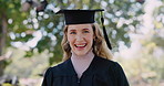 Graduation, campus or face of happy woman with education, future goal or studying for opportunity. Park, smile or proud college graduate with success, certified achievement or university scholarship