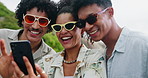 Friends, sunglasses and happiness outdoor with smartphone, selfie choice for social media post and laughing together. Shades, accessories and fashion with people and trendy eyewear for mobile app