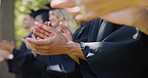 University, applause and hands of students at graduation at ceremony in park at outdoor campus event. Friends, achievement and people at college celebration for education, success and congratulations