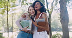 Education, phone and student friends hugging on university campus together in summer. School, college and study with greeting embrace of young women outdoor at academy for learning scholarship