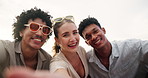 Happy, fashion and selfie of friends at beach for summer holiday, vacation and weekend together. Funny face, travel and men and woman take picture for social media, online post and memory by ocean