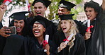 University, selfie and excited students at graduation at ceremony for outdoor campus event. Friends, achievement or happy people at college celebration for education, success and digital photography