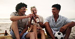 Friends, cheers and talking on beach with beer for bonding, gossip story and laughing for funny joke on sand. Men, woman or conversation with drinking alcohol, toast or diversity for social gathering