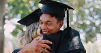 Happy, graduation and students hug in college or university campus to celebrate school diploma or goals. Love, graduate scholarship or excited friends with education in nature or park with success