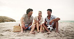 Happy, friends and beer at beach for summer vacation, weekend trip or outdoor party in nature. Alcohol, smile and diverse group of people at sea for holiday, sunshine and hangout for on sand