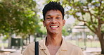 Smile, nature and face of man student in outdoor park at university for studying scholarship. Happy, education and portrait of confident young male person from Mexico in field at college campus.