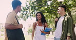 Education, diversity and funny student friends on university campus together in summer. School, college and study with group of young people laughing outdoor at academy for learning scholarship