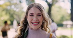 Student, nature and face of young woman in outdoor park at university for studying scholarship. Happy, education and portrait of confident female person from Australia in field at college campus.