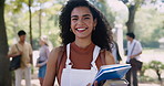 Smile, campus and portrait of student with books for learning, education and knowledge in Mexico. University, academy and face of woman with happiness for development, scholarship and back to school