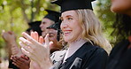 Applause, graduation or students on campus in college or university to celebrate school diploma or goals. Clapping, graduate scholarship or excited community with smile in nature for class success