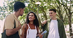 School, diversity and student friends laughing on university campus together in summer. Education, college and study with funny group of young people outdoor at academy for learning scholarship