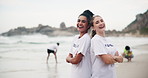 Happy woman, volunteer and beach with team in confidence to save the planet, earth or recycling in nature. Portrait of female person or friends with smile or arms crossed for eco friendly environment