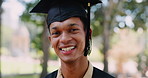 Face, outdoor and man with graduation, university and success with achievement and professional goals. Portrait, person and student on campus and success with degree and accomplishment with education