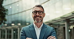 Smile, crossed arms and face of businessman in city with positive, good and confident attitude for career. Happy, pride and closeup portrait of professional mature male person standing in urban town.