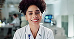 Science, laboratory and face of happy black woman for medical analysis, research or biotechnology. Healthcare, pharmaceutical and portrait of scientist for vaccine development, medicine or experiment