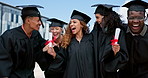 People, group and hug at graduation with certificate, success and happy for celebration at university. Friends, men and women with diploma, diversity and cheers with face for achievement at college