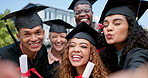 People, friends and selfie at graduation with certificate, memory or celebration for success at university. Group, men and women with diploma, diversity or cheers with face for achievement at college