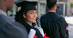 Happy, graduation and face of woman with students at university in line with diploma, degree or scroll. Smile, education and portrait of female person waiting with college certificate at school.