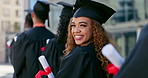 Smile, graduation and face of woman with students at university in line with diploma, degree or scroll. Happy, education and portrait of female person waiting with college certificate at school.