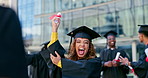 Woman, graduation and diploma with cheers at college in group for success, goals and achievement. Girl, people and excited friends at university, campus or certificate for celebration for scholarship