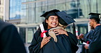 Women, friends and hug at graduation with certificate, success or celebration for goal at campus. Group, people and embrace with diploma, diversity or cheers for support with achievement at college