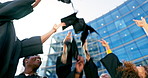 Students, graduation and caps in sky for celebration of diploma or degree achievement with happiness for end of semester. Graduates, university and ceremony for success or milestone with lens flare.