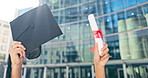 Graduation, certificate and cap with woman in city for celebration of college or university achievement. Education, building and success with happy young student in urban town for scholarship